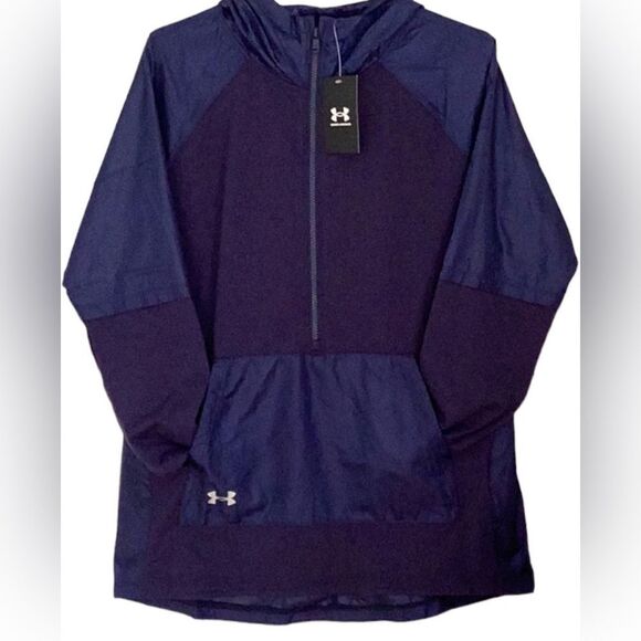 NWT UNDER ARMOUR WOMEN LOOSE CROSS TOWN ANORAK NAVY JACKET WINDBREAKER COATSMALL - Picture 1 of 12